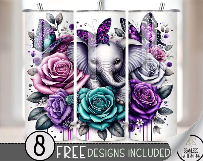 Elephant Tumbler Wrap, Jungle 20oz Skinny Tumbler Sublimation Design,Floral Butterfly Tumbler Wrap,Purple Flower PNG,Cute Elephant PNG, A187