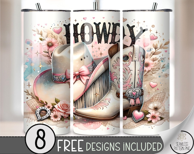Cowgirl Howdy 20 oz Tumbler Wrap PNG, Pink Western Boots Hat Floral Sublimation, 20oz Rodeo Country Girl Skinny Tumbler Design A266