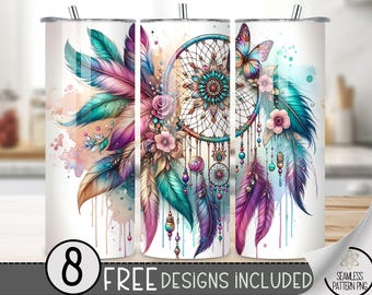Boho Dreamcatcher Butterfly Floral Tumbler Wrap, Floral Boho Sublimation Design PNG, Ethereal 20Oz Skinny Tumbler File, Glittery Tumbler PNG