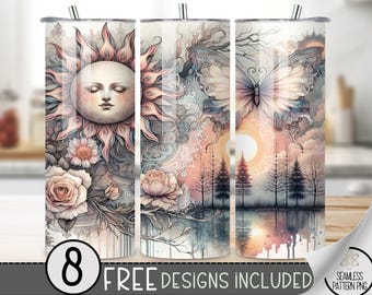 Floral Butterfly Tumbler Wrap, Moon Lace 20 Oz Skinny Tumbler Sublimation Design, Celestial Png Tumbler Wrap,Boho Moon File Instant Download