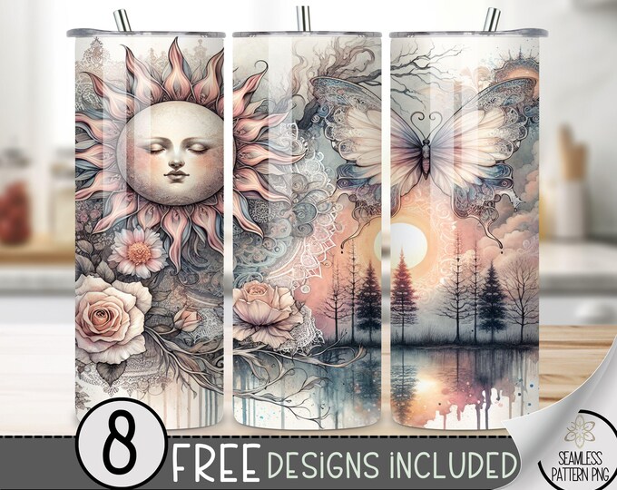 Floral Butterfly Tumbler Wrap, Moon Lace 20 Oz Skinny Tumbler Sublimation Design, Celestial Png Tumbler Wrap,Boho Moon File Instant Download