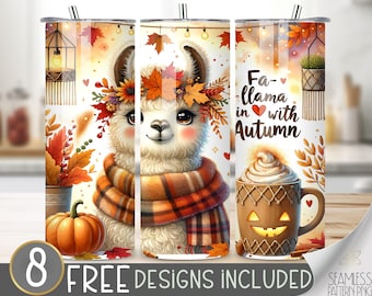 Fa-llama in Love with Autumn Tumbler Wrap, Cute Llama Fall Design, Autumn 20oz Sublimation PNG, Pumpkin Spice Cozy Tumbler File, Llama Love