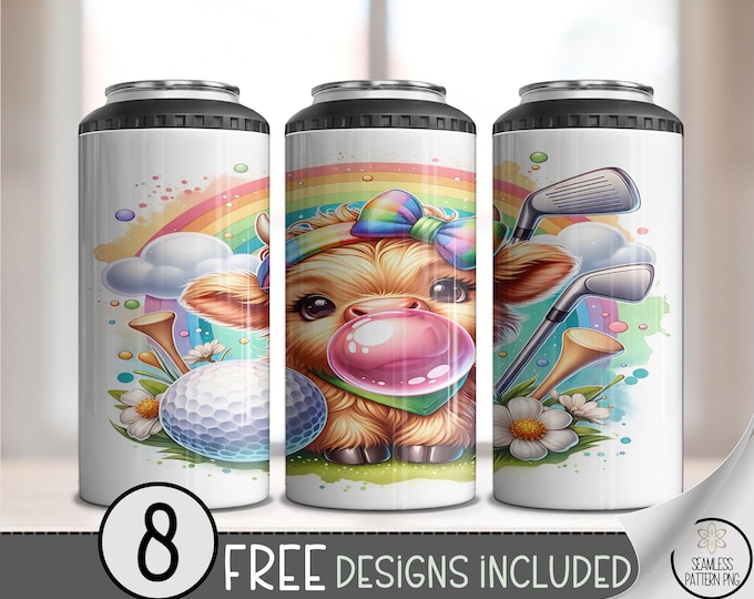 Highland Cow Golf Can Cooler Wrap, Cute Golfer Sublimation Design, Playful Theme 16 Oz 4-In-1 File, B796