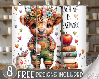 Teacher Sublimation PNG, Teaching is a Work of Heart PNG Design, Highland Cow PNG, Teaching is Heartwork, Teacher Life, Digital Download