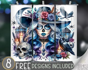 Day Of The Dead Women Tumbler Wrap, 20 oz Skinny Tumbler Wrap Sublimation PNG, Skeleton Tumbler Wrap, Gothic Celestial Tumbler, Sassy Design
