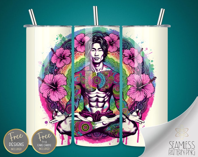 Asian Man Tumbler, Asian Guy Sublimation Files, Hibiscus Mandala Tumbler, Meditation Wrap, 20oz Straight Tumbler Wrap, Instant Download