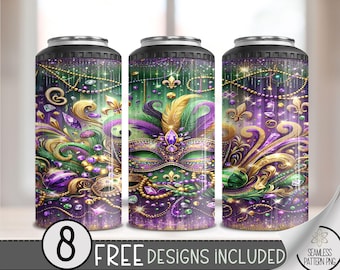 Mardi Gras 4 in 1 Can Cooler Wrap, Western Tumbler Wrap Fleur De Lis 4in1 Tumbler PNG, Colorful Mask 16 Oz Can Cooler Sublimation Design