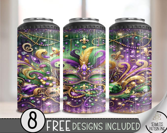 Mardi Gras 4 in 1 Can Cooler Wrap, Western Tumbler Wrap Fleur De Lis 4in1 Tumbler PNG, Colorful Mask 16 Oz Can Cooler Sublimation Design