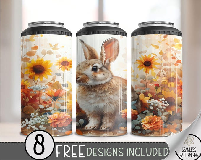 Cute Bunny 4 in 1 Can Cooler Wrap, Floral Rabbit 4in1 Tumbler PNG, Seamless Bright Rabbit 16 Oz Can Cooler Sublimation Design, Flower PNG
