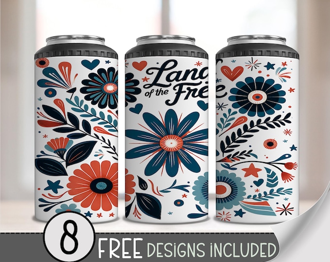 Land of the Free 4-in-1 Can Cooler Wrap PNG, Patriotic Floral Red White Blue Sublimation Design for July 4th, Independence Day Can Wrap A239