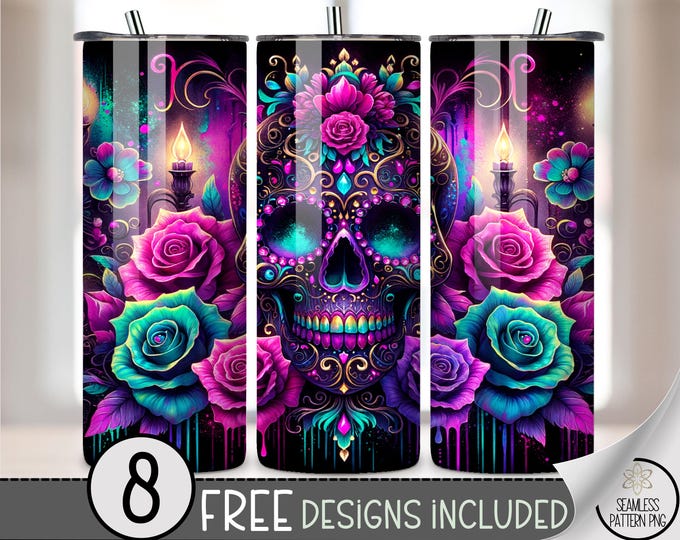 Colorful Sugar Skull 20 oz Tumbler Wrap PNG, Day of the Dead Floral Sublimation, Neon Skull Wrap for Skinny Tumblers, Halloween Style A269