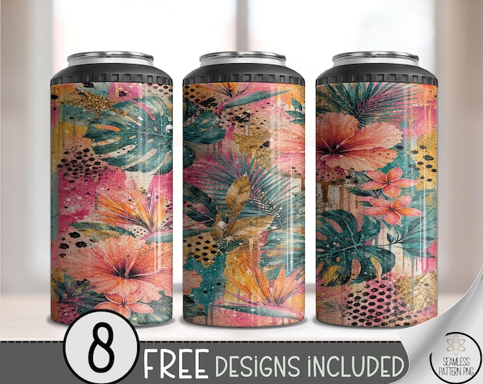 Tropical Hibiscus 4in1 Can Cooler Wrap, Boho Floral Sublimation Design, Digital Download, B10489