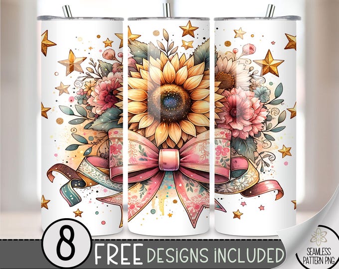 Pink Coquette Sunflowers Tumbler Wrap, Grandmillenial 20oz Skinny PNG, Pink Bow Glitter Sublimation Design, Glitter Flowers Digital Download