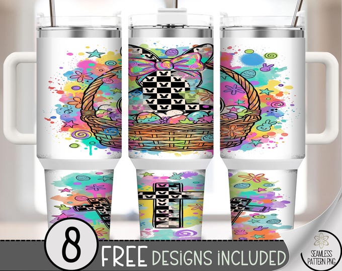 Retro Easter Bunny Coquette PNG, Happy Easter 40 Oz Tumbler Wrap, Checkered Easter Png Sublimation Design, B882