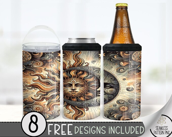 Sun And Moon Can Cooler Wrap, Sun And Moon Boho 16 oz 4-in-1 Cooler Sublimation, Celestial 16Oz Tumbler File, Seamless Can Cooler Design PNG