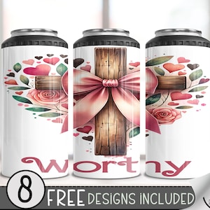 Worthy 4 in 1 Can Cooler Wrap, Bible Verse Design, Proverbs 31 4in1 Tumbler PNG, Coquette Cross 16 Oz Can Cooler Sublimation Design, A90