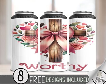 Worthy 4 in 1 Can Cooler Wrap, Bible Verse Design, Proverbs 31 4in1 Tumbler PNG, Coquette Cross 16 Oz Can Cooler Sublimation Design, A90