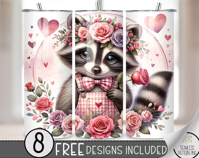 Valentine Raccoon Tumbler Wrap, Vday Sublimation Tumbler Wrap, Love 20Oz Sublimation Wrap, Valentines Day Sublimation Tumbler Design PNG