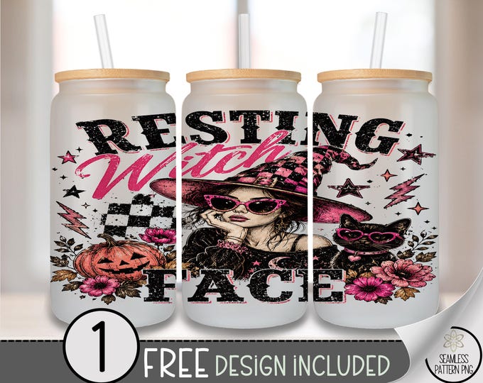Halloween Glass Can Wrap, Resting Witch Face 16oz Tumbler Sublimation Design, PNG File, Digital Download, B10335