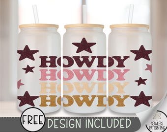 Howdy Glass Can Wrap PNG, Western Sublimation Design for 16 oz, Cowgirl Tumbler Wrap, Glitter Star Western PNG, Retro Rodeo Wrap A288
