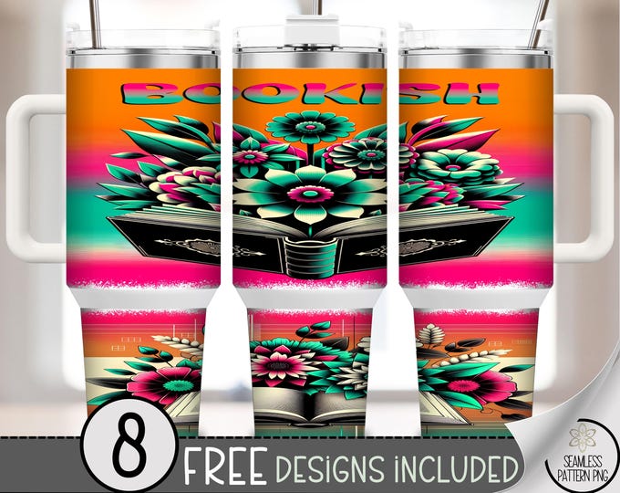 40 oz Book Lover Tumbler Wrap PNG, Neon Floral Book Sublimation, Bold Bookish Wrap for Reading Fans, Bookworms, Tumbler For Librarian A291
