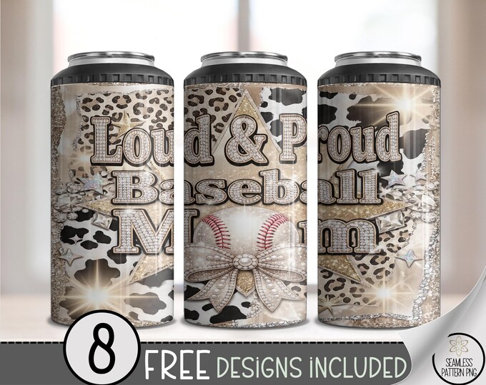 Baseball Mom 4in1 Can Cooler Wrap, Loud & Proud Sublimation Design, Sparkly Glam Sports 16 oz 4-in-1 File, Print Ready Download B10080