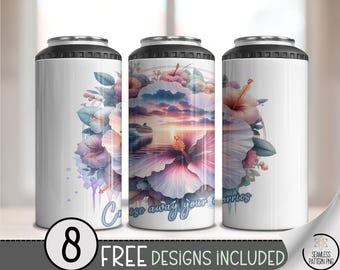 Tropical Cruise Can Cooler Wrap PNG, Hibiscus Sunset Design (Digital Download)