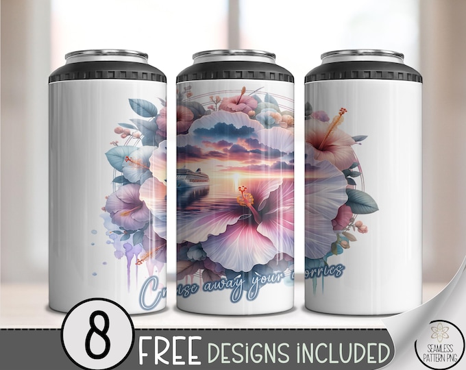 Cruise Away Your Worries 4-in-1 Can Cooler Wrap PNG, Tropical Hibiscus Sunset Ocean Cruise Sublimation Design, A338