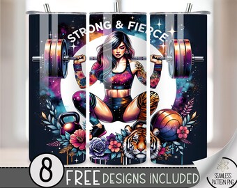 Fitness Tumbler Wrap Design, Exercise PNG File, Strong & Fierce Fitness Fashion Girl 20Oz Tumbler Wrap,20Oz Gym Motivational Sublimation PNG