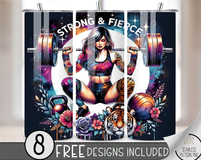 Fitness Tumbler Wrap Design, Exercise PNG File, Strong & Fierce Fitness Fashion Girl 20Oz Tumbler Wrap,20Oz Gym Motivational Sublimation PNG