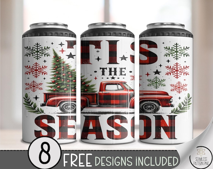 Festive Vintage Red Truck 4in1 Can Cooler Wrap, Holiday Graphic Design Sublimation, Christmas Trees and Snowflakes PNG Printable A473