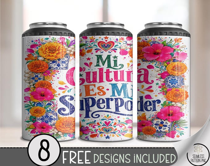 Mexican Folk Art 4-in-1 Can Cooler Wrap, Spanish Culture Sublimation Design, Vibrant 16 oz File, Digital Download, B10267