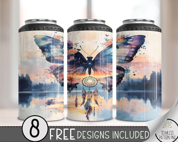 Boho Dreamcatcher Butterfly Floral 4in1 Can Cooler Wrap,Sunset Lake 4 in 1 Tumbler PNG,Seamless Ethereal 16 Oz Can Cooler Sublimation Design