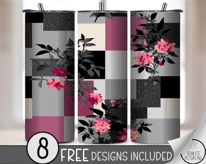 Pink Floral Branches 20oz Tumbler Wrap, Modern Sublimation Design for Straight Tumblers, Geometric PNG Files, Digital Download, B10551
