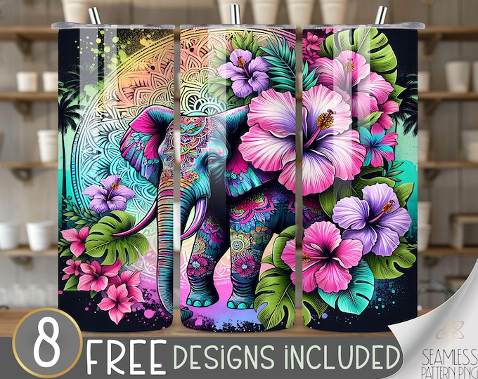 Mandala elephant tumbler wrap, tropical elephant sublimation design, elephant 20oz skinny tumbler wrap, hibiscus tumbler png