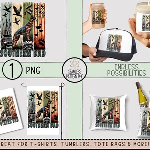 May include: A design featuring a German Shepherd with an American flag pattern, a truck, and the text "SOUTHERN DAD" is displayed on various items, including a notebook, garden flag, hat, candle, and tote bag. The design also includes birds and paw prints.