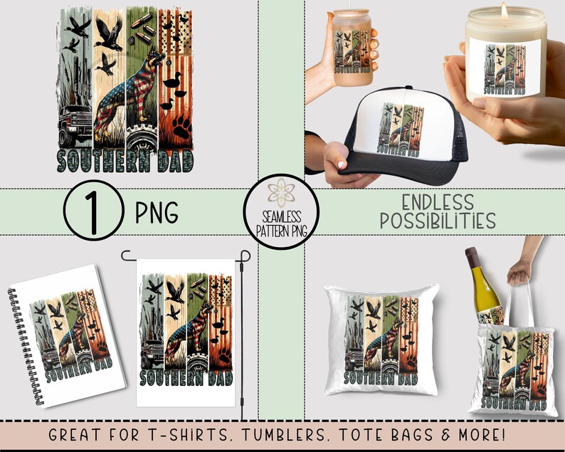 May include: A design featuring a German Shepherd with an American flag pattern, a truck, and the text "SOUTHERN DAD" is displayed on various items, including a notebook, garden flag, hat, candle, and tote bag. The design also includes birds and paw prints.