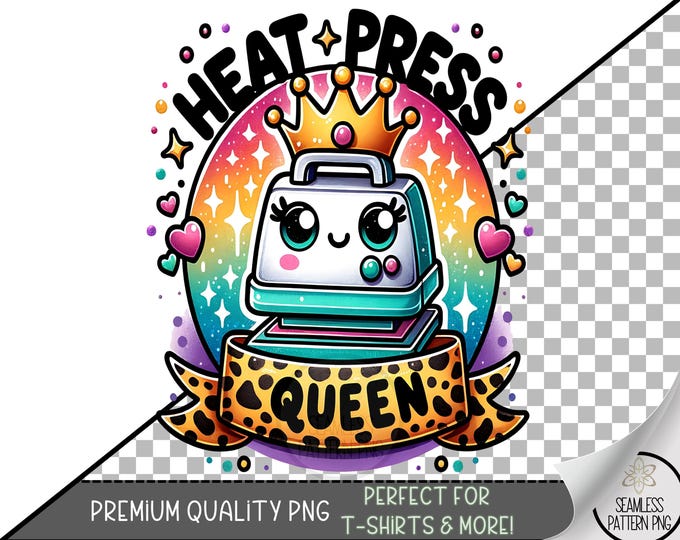 Heat Press Queen Sublimation PNG, Cute Rainbow Sparkle Craft Design, Kawaii Heat Press with Leopard Bow, Crafters PNG for DTF Uv Dtf, A342