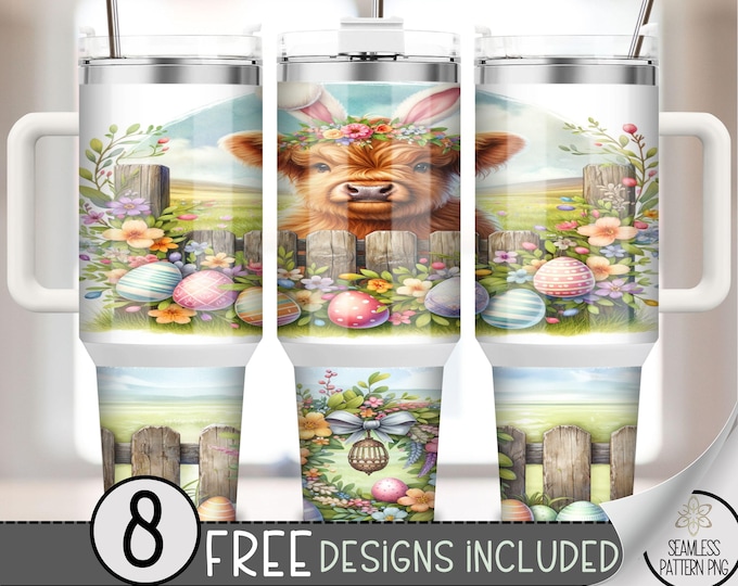 Highland Cow Easter 40oz Tumbler Wrap, Bunny Floral Tumbler Sublimation Design, Egg Easter 40oz Quencher Tumbler Wrap PNG,Floral Easter, A12