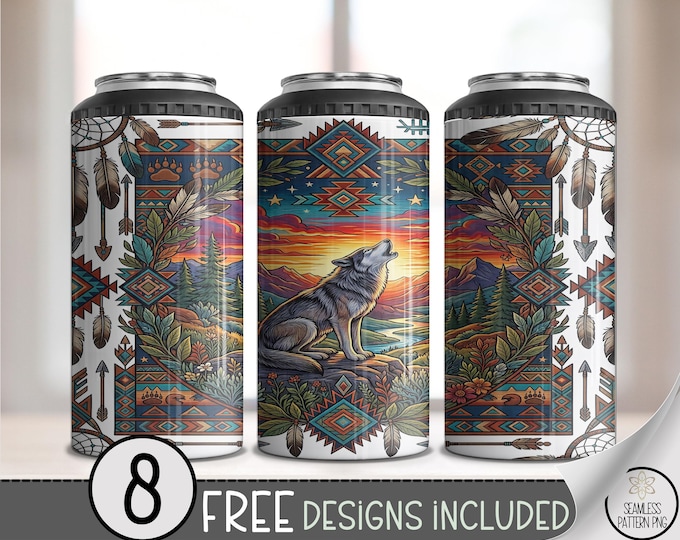 Lone Wolf at Sunset 4-in-1 Can Cooler Wrap, Tribal Sublimation Design, Rustic Theme 16 oz 4-in-1 File, B10279