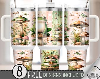 Frog 40oz Tumbler Wrap Sublimation Design, Funny Frog Tumbler Wrap, Mushroom Cottagecore Nature Design, Frog 40oz Quencher Tumbler PNG, A72