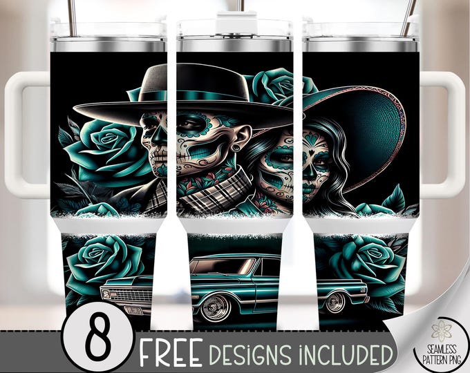 Chicano 40oz Tumbler Wrap PNG, Sugar Skull Couple & Vintage Truck, Day of the Dead Tattoo Sublimation Design for 40 oz Tumbler File, A257