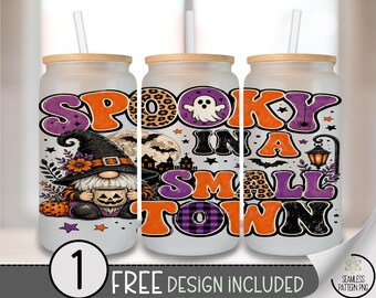 Halloween Gnome Glass Can Wrap, Spooky Small Town 16oz Tumbler Sublimation Design PNG, Digital Download, B10501