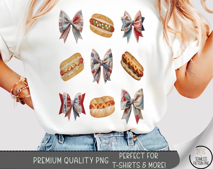 Hotdog T-shirt PNG, 4th of July Faux Patchwork Sublimation Design, Cute Retro Americana DTF Shirt Graphic, Faux Patchwork TShirt PNG, B10123