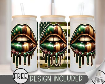 Camo Lips Glass Can, Military Sublimation Design, Checkered 16oz Can Wrap, Camouflage Glass Can Design, Kiss Beer Can PNG, A146