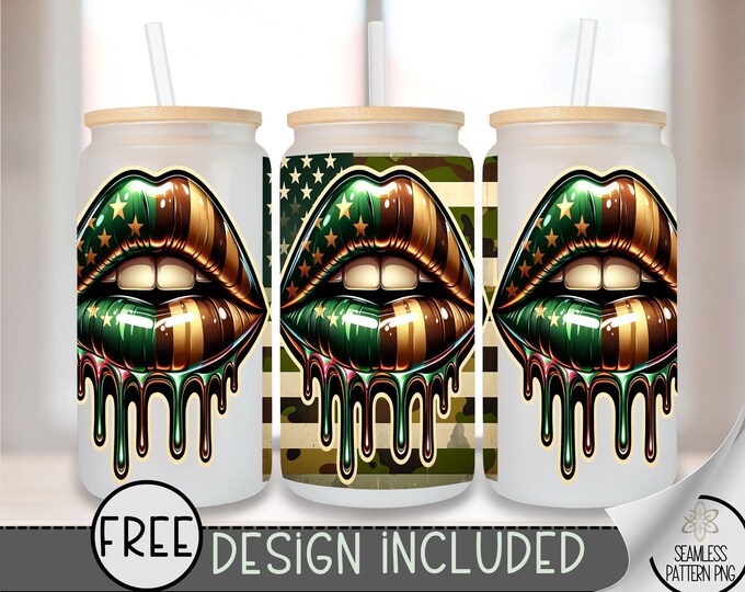 Camo Lips Glass Can, Military Sublimation Design, Checkered 16oz Can Wrap, Camouflage Glass Can Design, Kiss Beer Can PNG, A146