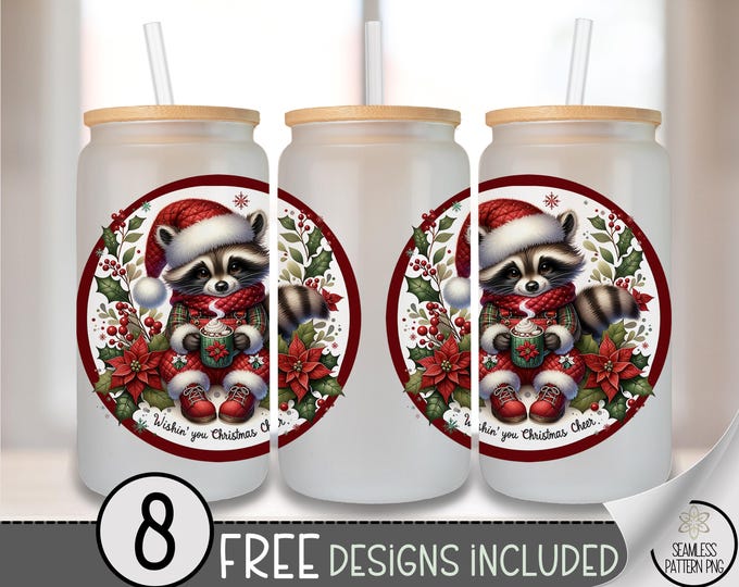 Christmas Raccoon Glass Can Wrap, Xmas 16oz Glass Tumbler Sublimation Design, Raccoon Christmas PNG File with Santa Hat A511