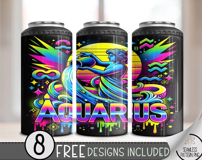 Neon Airbrush 4 in 1 Can Cooler Wrap, Aquarius 16 Oz 4in1 Tumbler Sublimation Design Astrology Sign, Zodiac Signs Can Wrap PNG Download
