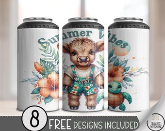 Summer Vibes 4-in-1 Can Cooler Wrap PNG, 16 oz Highland Cow and Turtle Sublimation, Cute Farm Beach Drink Wrap, Floral Summer PNG File, A377