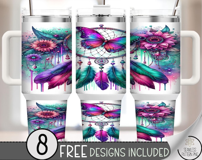 Boho Dreamcatcher 40 oz tumbler wrap: Vibrant Butterfly Feathers Sublimation Design, Whimsical Digital PNG Files, A543